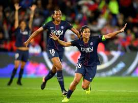 La joie de Shirley Cruz après un but pour le PSG face au Bayern Munich. AFP