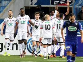 La joie des joueurs de Sochaux, vainqueurs de Bastia en Coupe de France, le 19 janvier 2016 au stade Armand Cesari