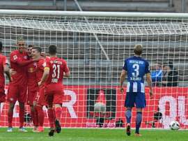 Les joueurs de Leipzig fêtent un but contre le Hertha Berlin, le 6 mai 2017 à Berlin. AFP