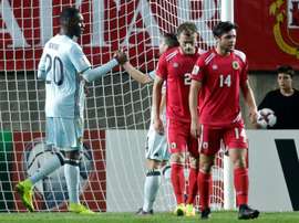 Christian Benteke auteur du but le plus rapide de la Belgique contre Gibraltar en qualifs pour le Mondial-2018 à Faro, le 10 octobre 2016