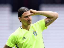 Lattaquant suédois de Manchester United, Zlatan Ibrahimovic, à lentraînement pendant lEuro-2016, à Nice, le 21 juin