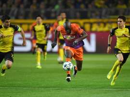 Mickaël Poté (c) buteur pour l'Apoel Nicosie face à Dortmund, le 1er novembre 2017 à Dortmund. AFP
