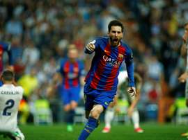 La joie de Lionel Messi après le but de la victoire du Barça sur la pelouse du Real Madrid. AFP