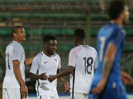 La joie des Bleuets après le but de Maxwell Cornet (au centre) contre lItalie en match amical à Vénise, le 2 juin 2016