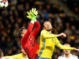 Marcus Berg a participé au festival de buts de son équipe face la Biélorussie. AFP