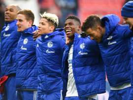 Les joueurs de Schalke après leur victoire sur Leverkusen, en match de Bundesliga. AFP