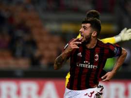 Lattaquant de l'AC Milan Patrick Crutone auteur du but la victoire face à Rijeka. AFP'