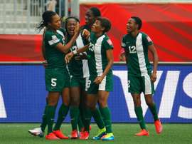 La Nigérianne Francisca Ordega célèbre son but égalisateur face la Suéde lors du match de poule du Mondial-2015 au Canada, le 8 juin 2015 à Winnipeg