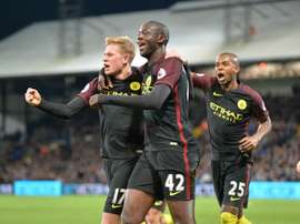 La joie des joueurs de Manchester City après le 2e but de Yaya Touré (N.42) face à Crystal Palace, le 19 novembre 2016 au Selhurst Park à Londres