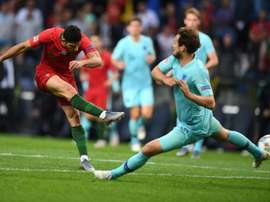 Gonçalo Guedes marque pour le Portugal contre les Pays-Bas. AFP