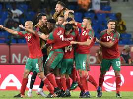 La joie des Marocains après un but contre la Côte dIvoire, le 24 janiver 2017 à Oyem. AFP