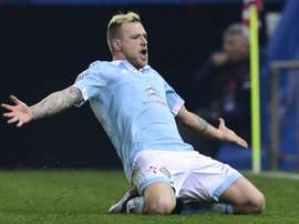 Lattaquant John Guidetti, auteur du 2e but du Celta Vigo face à lAtletico Madrid en Coupe du Roi à Vincente Calderon, le 27 janvier 2016