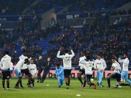Les joueurs de Marseille à léchauffement avant le coup denvoi du match contre Lyon au Parc OL, le 24 janvier 2016