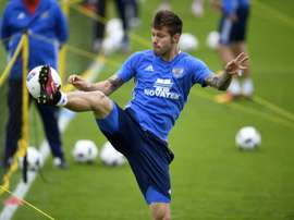 Lattaquant de léquipe de Russie Fyodor Smolov à lentraînement le 18 juin 2016 à Croissy-sur-Seine