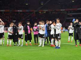 Les joueurs de lAllemagne fêtent leur victoire face aux Pays-Bas. AFP