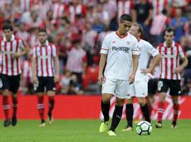 La déception de lattaquant du Séville FC Wissam Ben Yedder après un but inscrit par l'Athletic. AFP