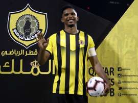 Samuel Etoo lors de sa présentation au Qatar Sports Club. AFP