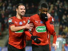 Jordan Siebatcheu (d), après l'un de ses deux buts contre Lille en Coupe de France. AFP