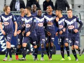 La joie des joueurs de Bordeaux après leur 2e but contre Lorient (csc) en Coupe de la Ligue, le 12 janvier 2016 au Matmut Atlantique