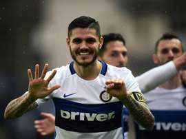 Lattaquant de lInter Milan Mauro Icardi, auteur de lunique but du match contre Frosinone, le 9 avril 2016 au stade Matusa