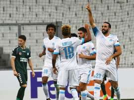 Adil Rami auteur de l'unique but du match face à Konyaspor en Europa League au Vélodrome. AFP