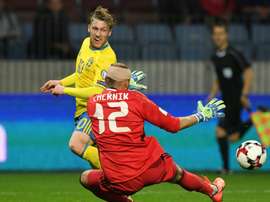 Emil Forsberg ouvre le score pour la Suède face au Belarus en qualif pour le Mondial-2018. AFP