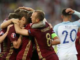 La joie des joueurs russes après leur égalisation face aux Anglais à lEuro, le 11 juin 2016 à Marseille