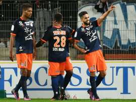 La joie des joueurs de Montpellier après un but contre lOM, le 4 novembre 2016 à La Mosson