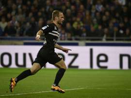 Valère Germain, buteur pour l'OGC Nice contre l'Olympique lyonnais au Parc OL, le 15 avril 2016. AFP