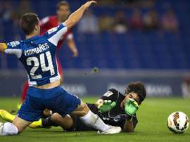 El delantero del RCD Espanyol Paco Montañés (i), disputa el balón con el portero argentino Mariano Barbosa, del Sevilla FC. EFE/Archivo