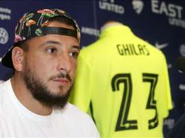 Fotografía cedida por el Levante UD del la presentación del delantero procedente del Oporto Nabil Ghilas, que se incorporó hace una semanas al club valenciano y con cuya plantilla ya ha entrenado y jugado a lo largo de toda esta semana. EFE