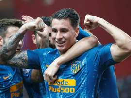 Eventual match winner José María Gimenez celebrates putting Atlético ahead. EFE