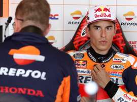 El piloto de MotoGP Marc Márquez, durante la sesión de entrenamientos libres celebrada hoy en el circuito turolense de Motorland Aragón, donde este fin de semana se disputa el Gran Premio Movistar Aragón de MotoGP. EFE