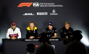 El piloto italiano de la escudería Alfa Romeo de Fórmula Uno, Antonio Giovinazzi (izda), el alemán de Renault Nico Hulkenberg (2i), el canadiense de Racing Point, Lance Stroll (2d), y el danés de Haas, Kevin Magnussen, ofrecen una rueda de prensa en el circuito de Bakú (Azerbaiyán). EFE