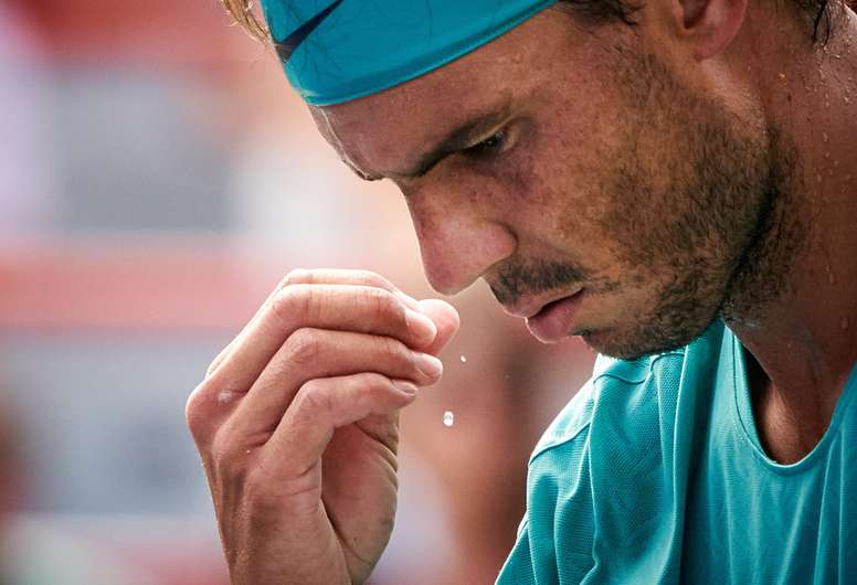 Rafael Nadal of Spain sweats as he plays against Daniil Medvedev of Russia during their finals match of the Rogers Cup tennis tournament in Montreal, Canada, 11 August 2019. (Tenis, Rusia, España) EFE/VALERIE BLUM