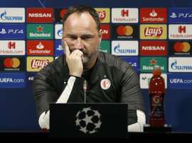 Treinador do Slavia de Praga falou em coletiva de imprensa em Barcelona. EFE/Andreu Dalmau