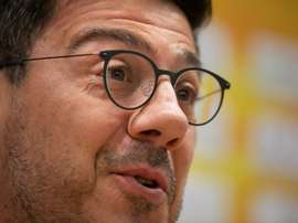 El entrenador del Herbalife Gran Canaria, Fotis Katsikaris, analiza en rueda de prensa el partido que su equipo disputa este fin de semana contra el líder de la Liga Endesa, el Real Madrid. Gran Canaria Arena.EFE/Quique Curbelo