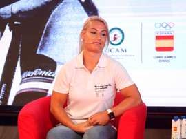 Lydia Valentín, campeona olímpica, del mundo y de Europa de halterofilia, durante la presentación este martes de la campaña Por una España con valores, en un acto celebrado en la sede del COE en Madrid. EFE/Rodrigo Jiménez