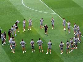 Españoles y alemanes trabajaron en el césped del estadio. EFE