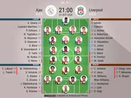 Ajax v Liverpool, Champions League 2020/21, group stage, 21/10/2020 - Official line-ups. BESOCCER