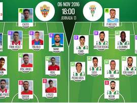 Alineaciones de Almería y Córdoba en Jornada 13 de Segunda División 16-17. BeSoccer