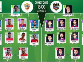 Alineaciones de Almería y Levante para el encuentro de la jornada 9 de Segunda 2016-17. BeSoccer