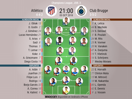 Formazioni ufficiali Atletico Madrid-Club Brugge. BeSoccer