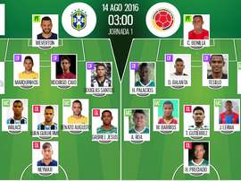 Alineaciones de Brasil y Colombia del 14-08-16. BeSoccer
