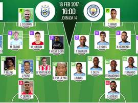 Alineaciones de Huddersfield y Manchester City en 18-2-17. BeSoccer