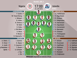 Alineaciones de Nigeria e Islandia para la jornada 2 de la fase de grupos del Mundial. BeSoccer
