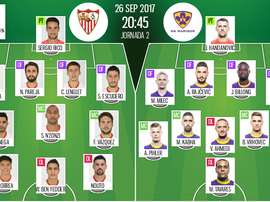 Os onzes de Sevilla e Maribor para a partida desta terça-feira. BeSoccer