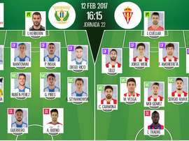 Alineaciones de Sporting y Leganés, partido de la jornada 22 de Primera División. BeSoccer
