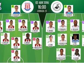 Alineaciones de Stoke City y Swansea City en Jornada 32 de Premier League 15-16. BeSoccer