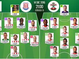 Alineaciones de Stoke y Southampton para el encuentro de la jornada 15 de la Premier 2016-17. BeSoccer